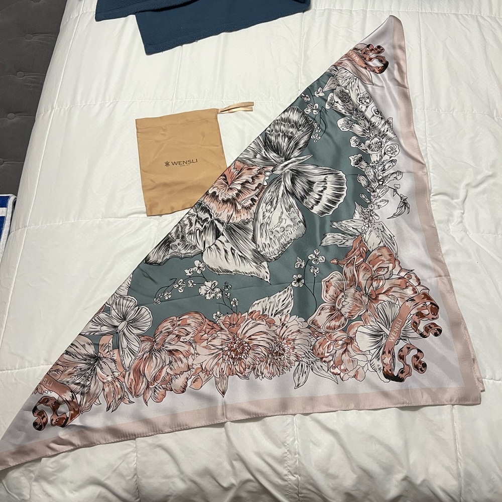 Wenali silk scarf - sage green and pink floral pattern